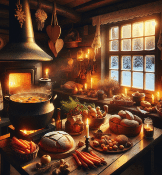 Cosy Norwegian winter kitchen with steaming pot on stove, rustic breads, root vegetables, candlelit table and snowy window view, warm tones