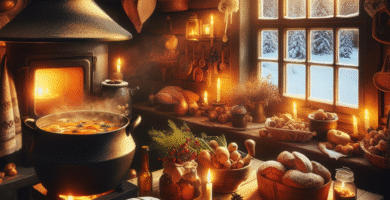Cosy Norwegian winter kitchen with steaming pot on stove, rustic breads, root vegetables, candlelit table and snowy window view, warm tones