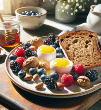 Lys og innbydende frokosttallerken med norsk rugbrød, egg, bær, nøtter og en liten krukke med honning, naturlig dagslys, rustikk kjøkkenbakgrunn
