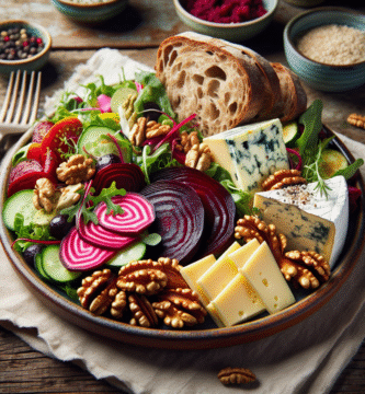 Nærbilde av en fargerik norsk lunsjtallerken med grovt brød, pålegg, ovnsbakte rødbeter, frisk salat og lokalt ost på et rustikt trebord