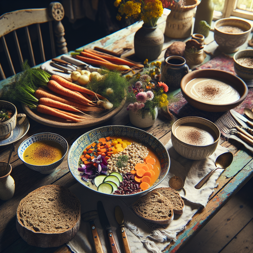 Fargerikt norsk vegansk middagsbord med rotgrønnsaker, byggrisotto, kremet suppe og grovt brød, naturlig lys, rustikk styling