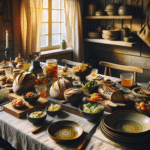 Et varmt, moderne kjøkkenbord med norske tradisjonsretter, brød, fermenterte grønnsaker og naturlig lys – rustikk og innbydende.