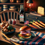 Et innbydende kjøkkenbord med en amerikansk-inspirert burger, ovnsstekte rotgrønnsaker, Jarlsberg-ost og norske råvarer i bakgrunnen, varm belysning